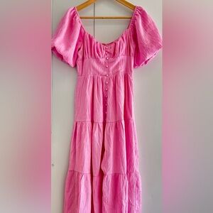 All in Favor Dress XS Puff Sleeve Off Shoulder Tiered Baby Pink Cottagecore